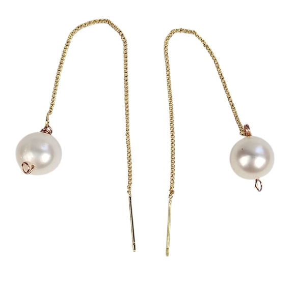 Hand Crafted Gold White Pearl Threader Earrings - Picture 2 of 3